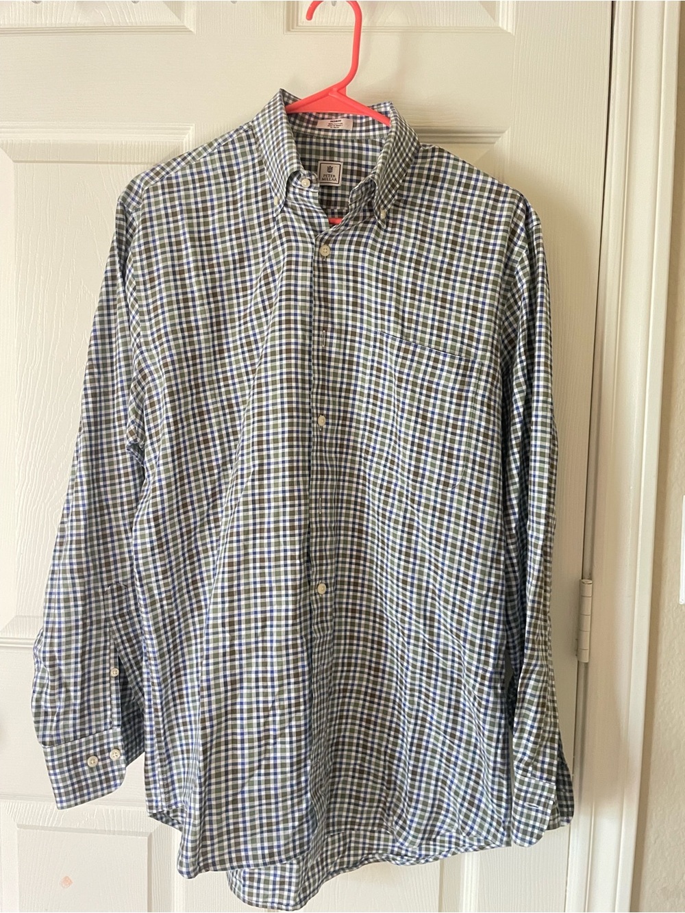 Peter Millar Size M - Men's Button-Down Check Shirt in Olive, Blue and White